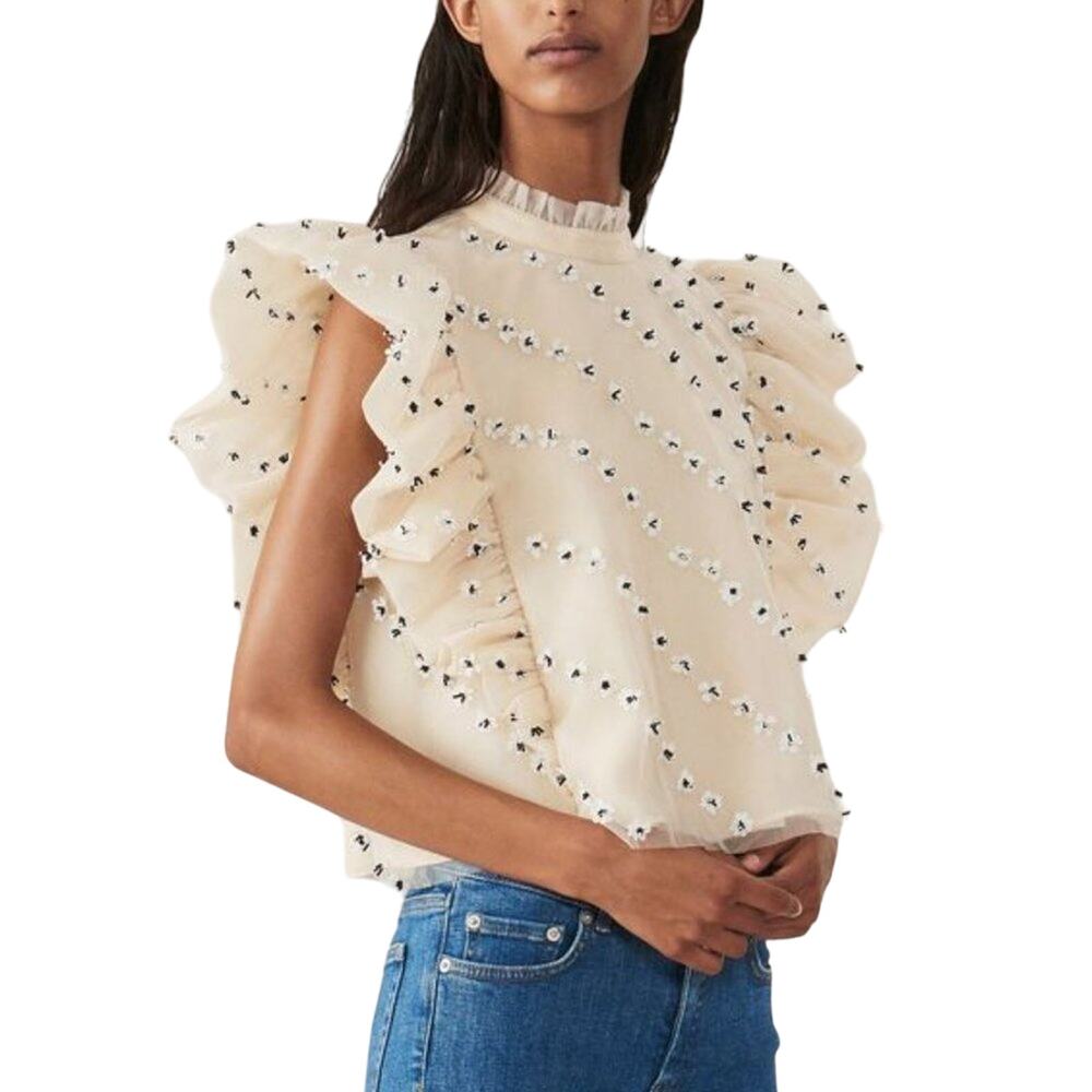 Ganni NEW Rare Rosenfeld Floral Beaded Ruffle Sleeveless Crop Top Cream 34